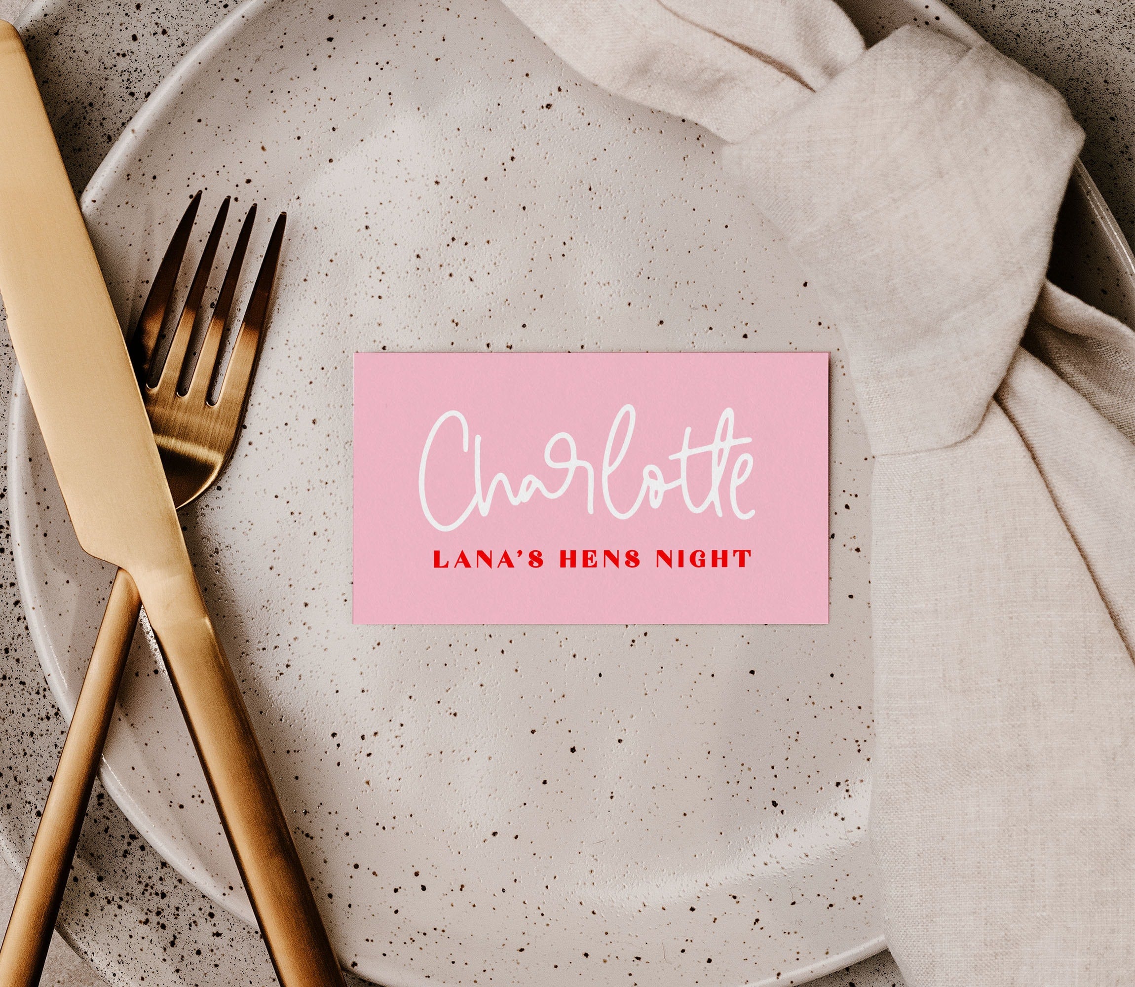 LANA Hen Bachelorette Placecard Template | Pink Red Party Table Décor | Pink Placecard | Food Labels | Simple Script Font | Bridal Shower