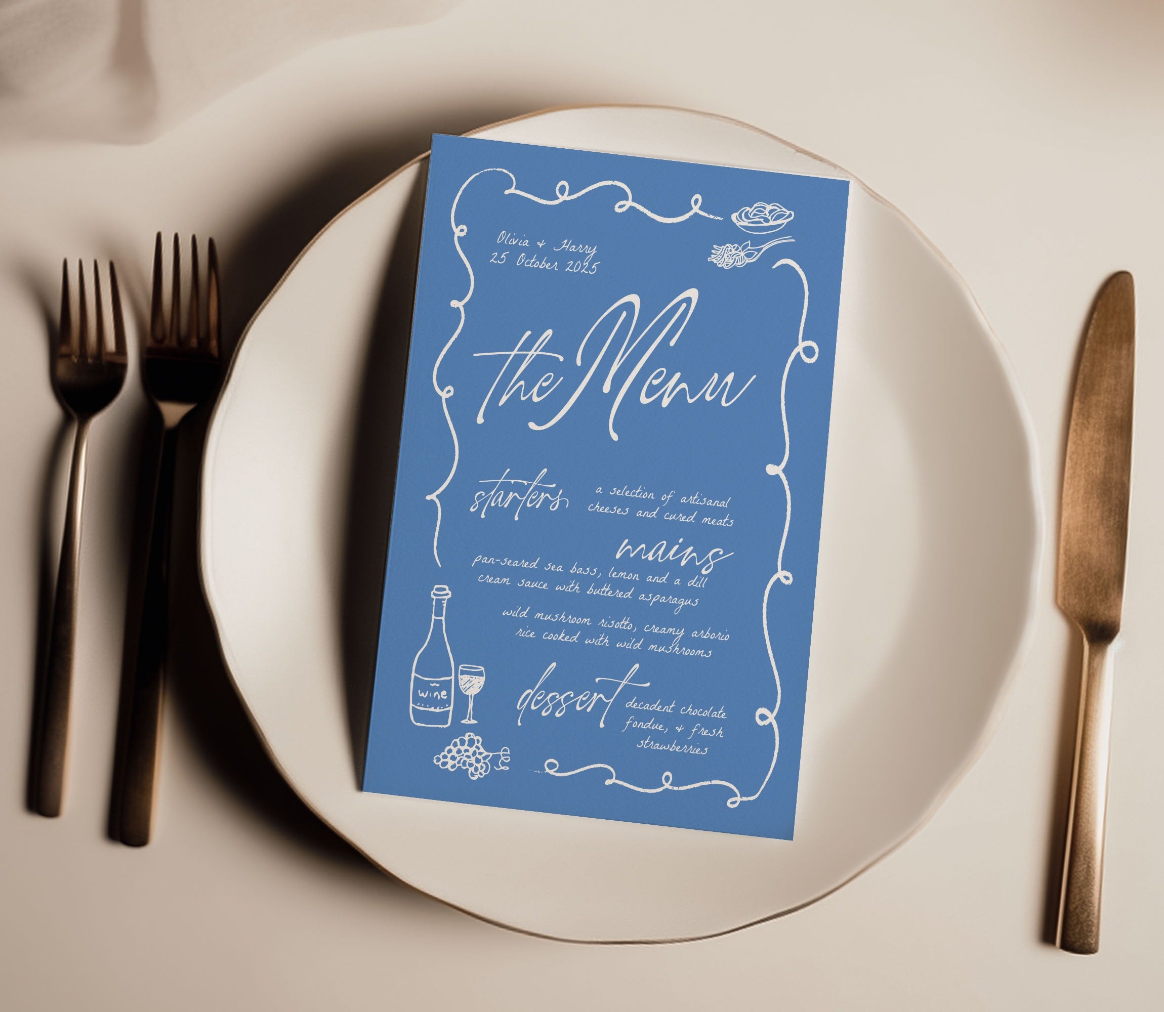 VINO Fun Wedding Menu Template | Hand-Drawn Menu Dinner Party | Food And Wine Illustrations | Instant Download Templett | Wedding Menu