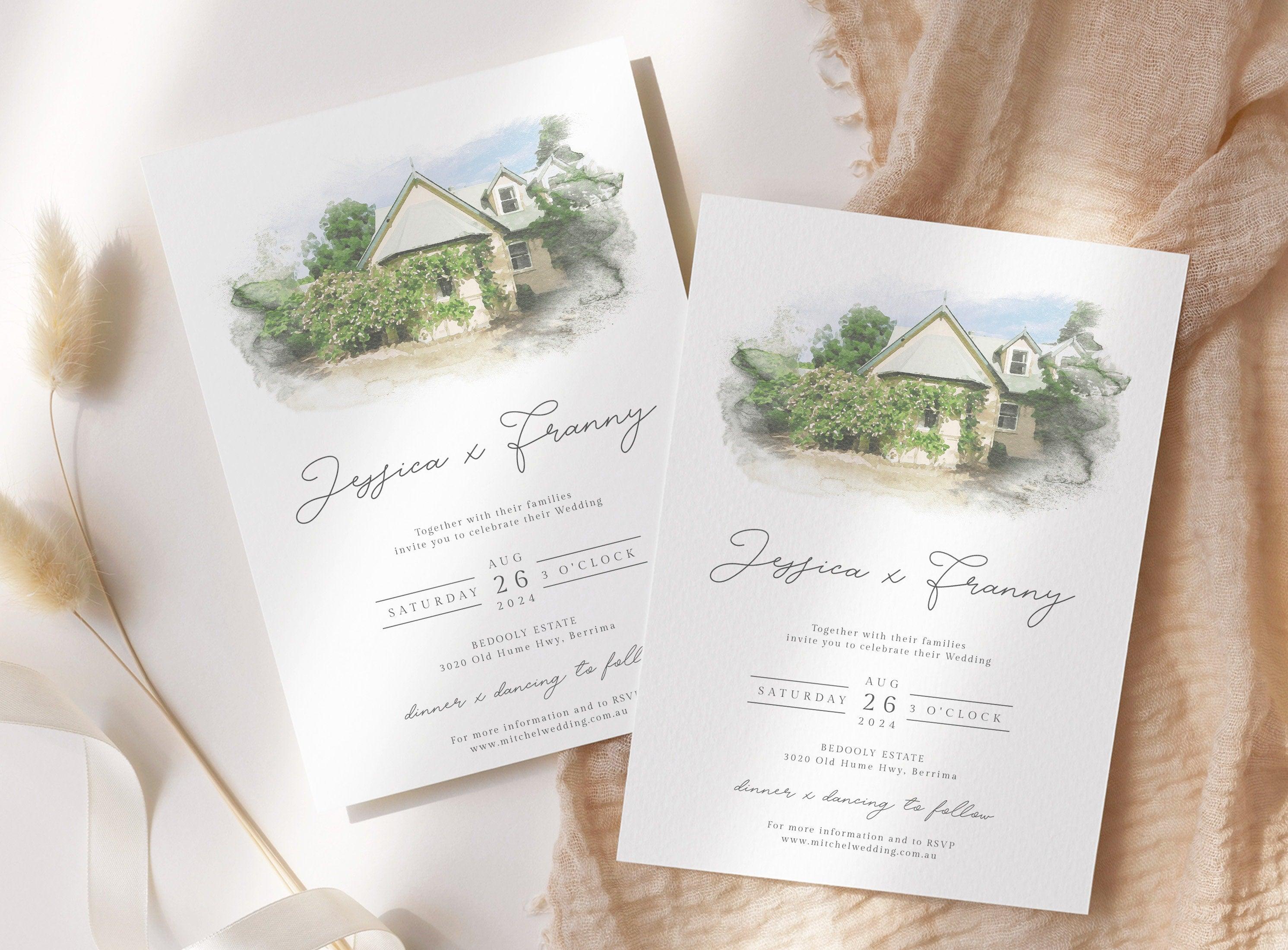 TAYLA Custom Wedding Invitation Watercolor Venue, Editable Invitation Set, Custom Watercolor Wedding Venue Portrait, Wedding Church Portrait