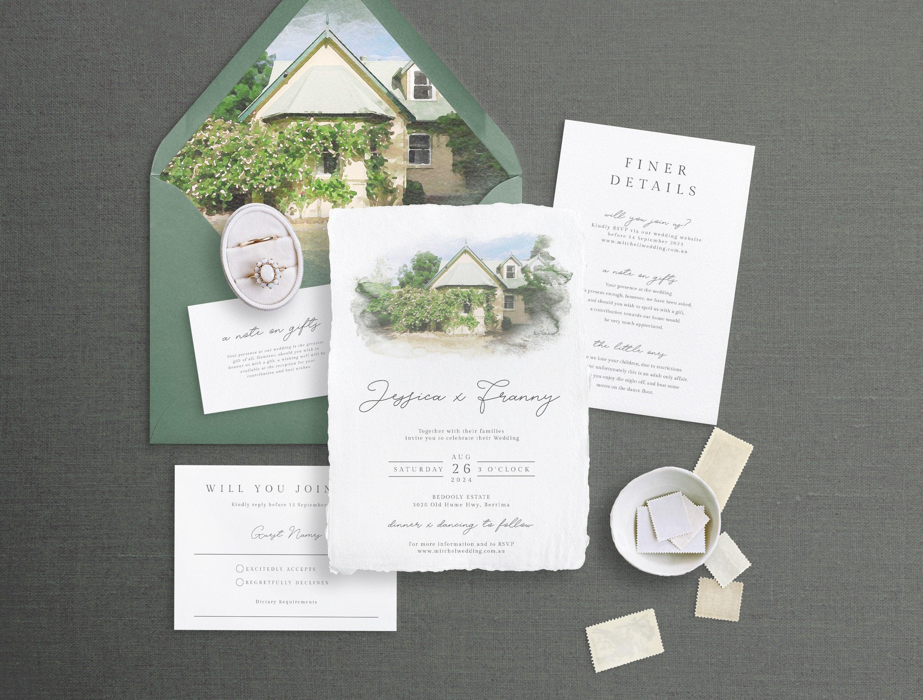 TAYLA Custom Wedding Invitation Watercolor Venue, Editable Invitation Set, Custom Watercolor Wedding Venue Portrait, Wedding Church Portrait