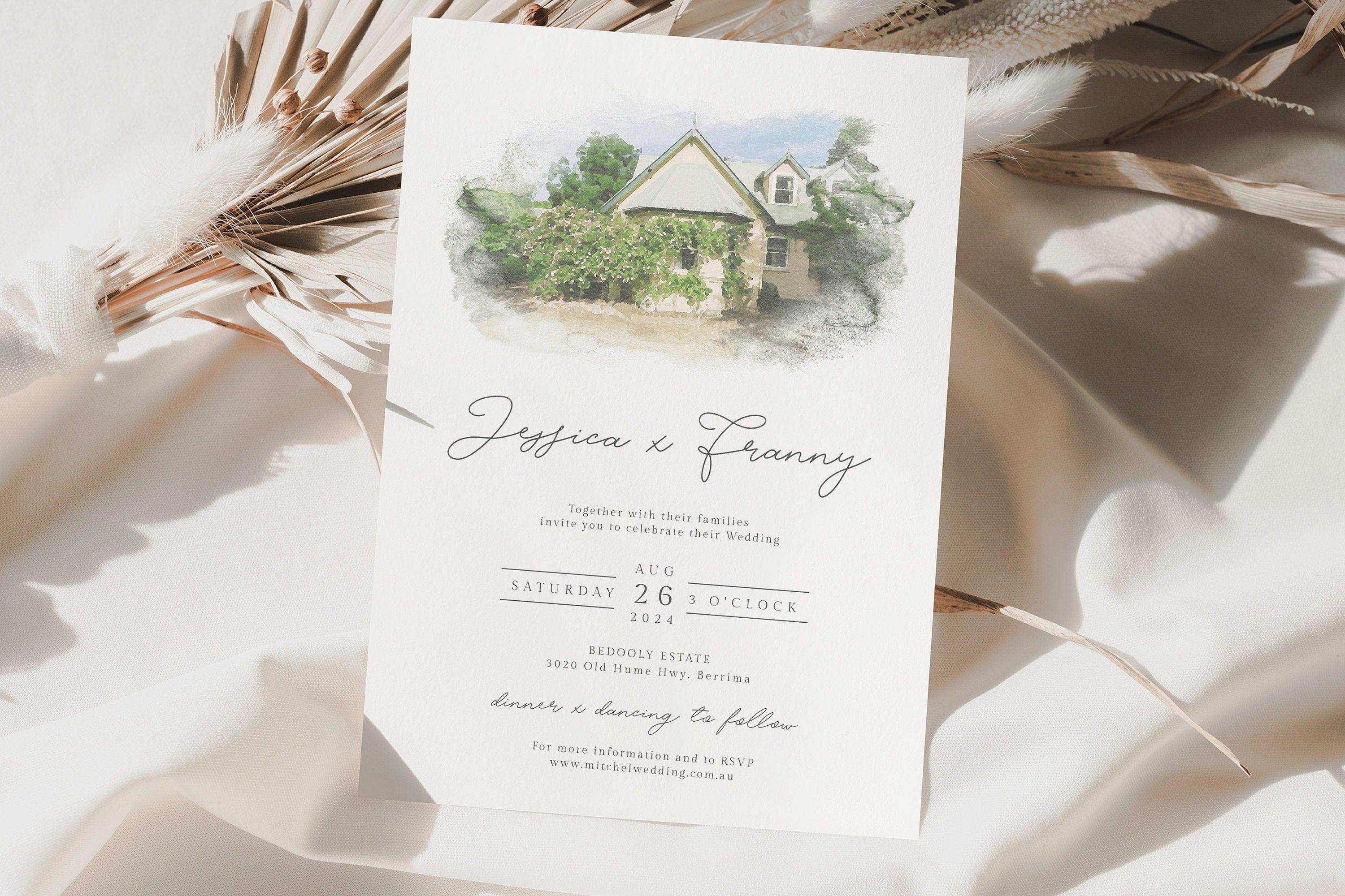 TAYLA Custom Wedding Invitation Watercolor Venue, Editable Invitation Set, Custom Watercolor Wedding Venue Portrait, Wedding Church Portrait
